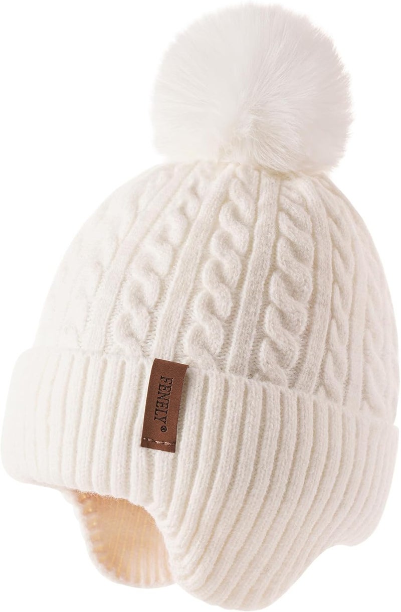 FENELY Girls Boys Winter Hat 3-12, Children's Warm Knitted Earflaps Beanie with Pom Pom Thicken Fleece Lining Cap for Kids - Image 1